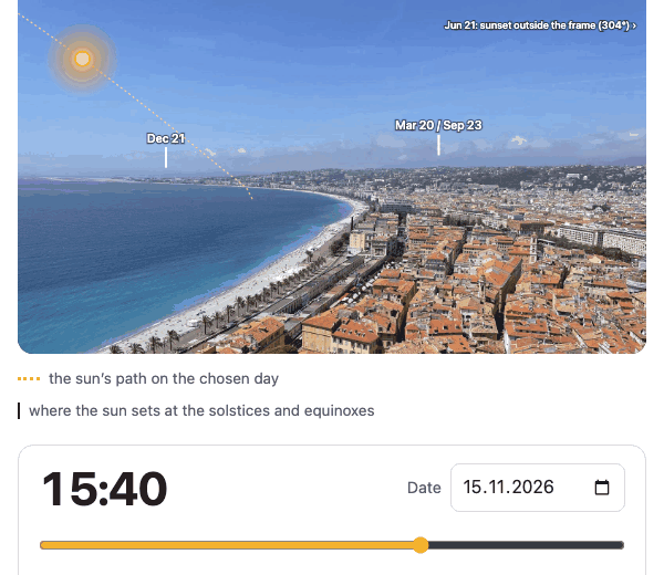 Castle Hill in Nice on 15 November, from 3:40 pm to 5:05 pm. The sun follows the time slider and goes down over the Baie des Anges.