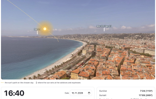 The simulator on the Castle Hill page: date, time, sun times and the time the sun disappears behind the hills.