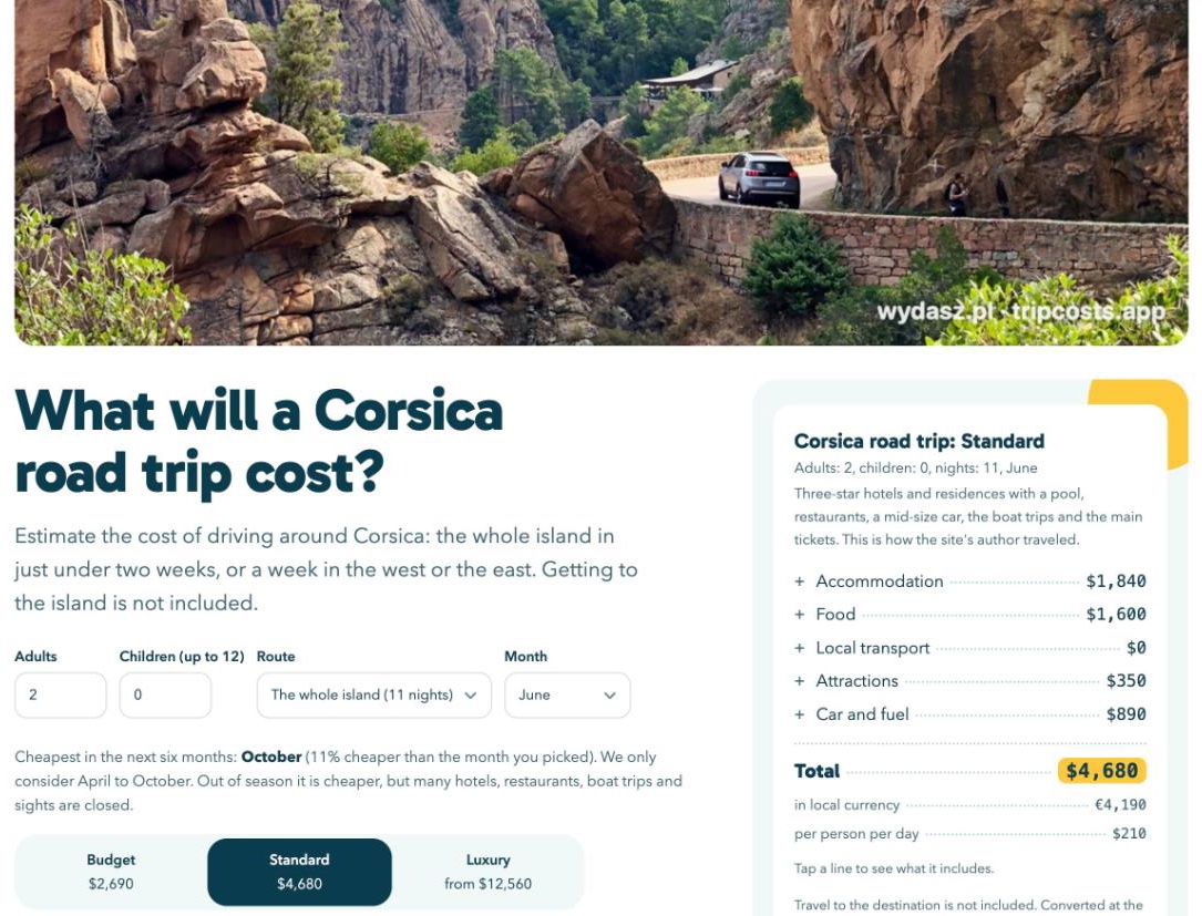 The Corsica road trip page: a car on the road through the Calanques de Piana, the route picker and the receipt with a Car and fuel line.